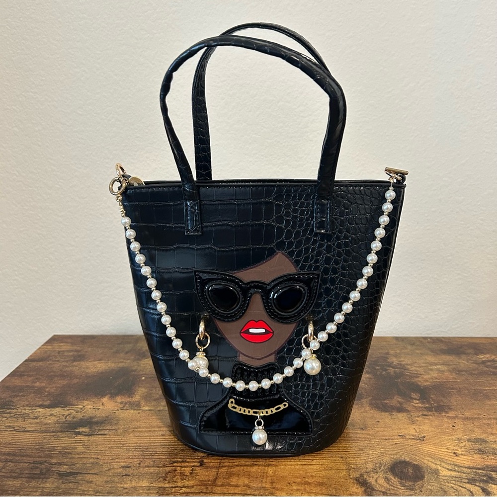 NWOT Black Croc-Embossed Tote with Pearl Accents